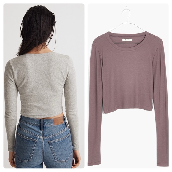 MADEWELL Fine Ribbed Supercrop Crewneck Long-Sleeve Tee Pale Thistle Size Small - Picture 2 of 11